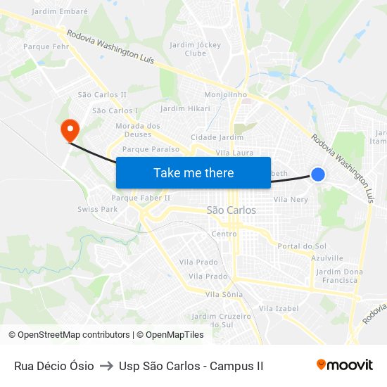 Rua Décio Ósio to Usp São Carlos - Campus II map
