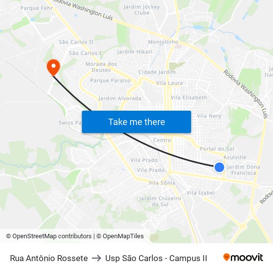 Rua Antônio Rossete to Usp São Carlos - Campus II map