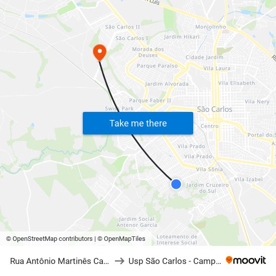 Rua Antônio Martinês Carrera to Usp São Carlos - Campus II map