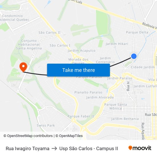 Rua Iwagiro Toyama to Usp São Carlos - Campus II map