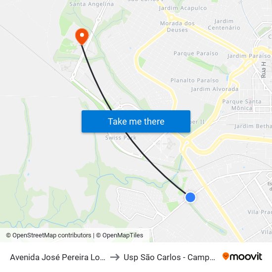Avenida José Pereira Lopes to Usp São Carlos - Campus II map