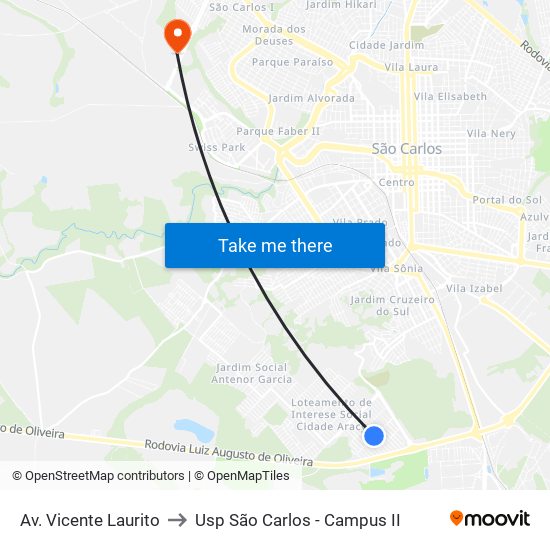 Av. Vicente Laurito to Usp São Carlos - Campus II map