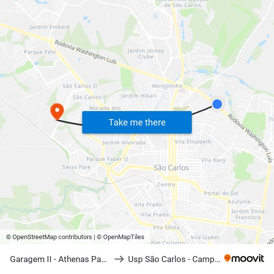 Garagem II - Athenas Paulista to Usp São Carlos - Campus II map