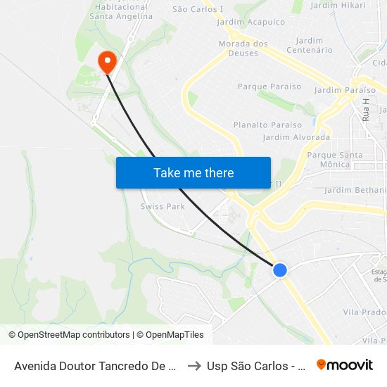Avenida Doutor Tancredo De Almeida Neves to Usp São Carlos - Campus II map