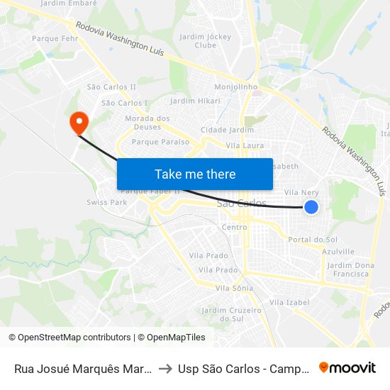 Rua Josué Marquês Martins to Usp São Carlos - Campus II map
