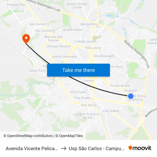 Avenida Vicente Pelicano to Usp São Carlos - Campus II map