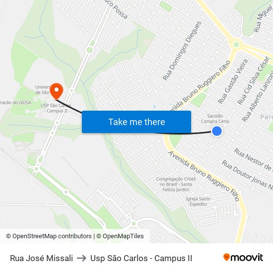 Rua José Missali to Usp São Carlos - Campus II map