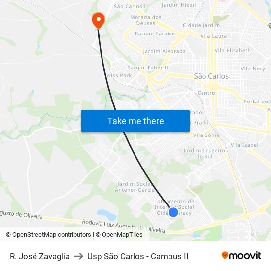 R. José Zavaglia to Usp São Carlos - Campus II map