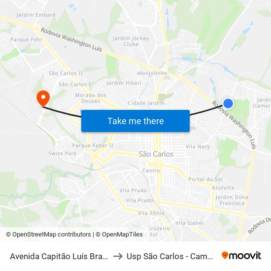Avenida Capitão Luís Brandão to Usp São Carlos - Campus II map