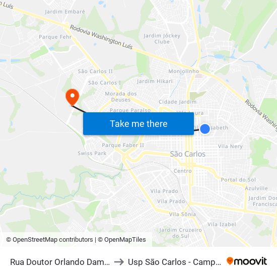 Rua Doutor Orlando Damiano to Usp São Carlos - Campus II map