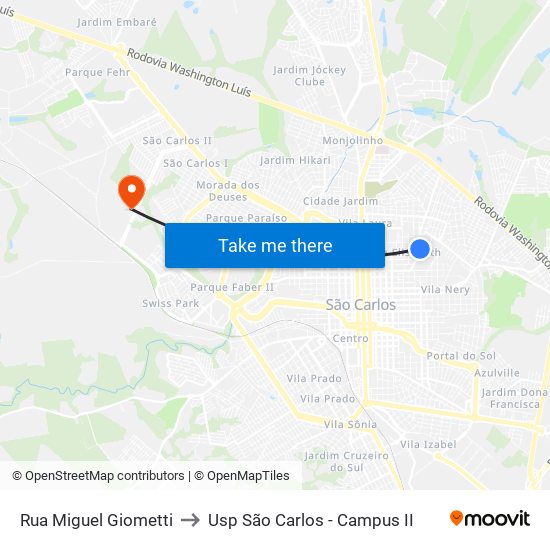Rua Miguel Giometti to Usp São Carlos - Campus II map