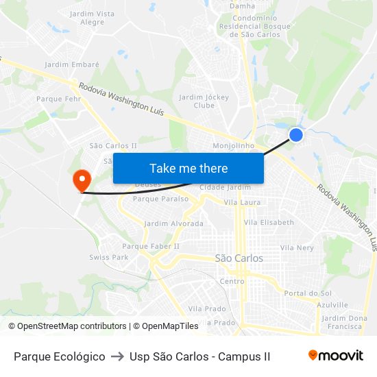 Parque Ecológico to Usp São Carlos - Campus II map