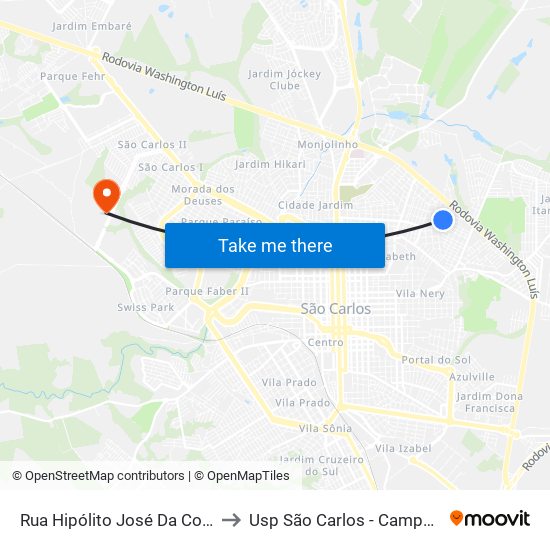 Rua Hipólito José Da Costa to Usp São Carlos - Campus II map