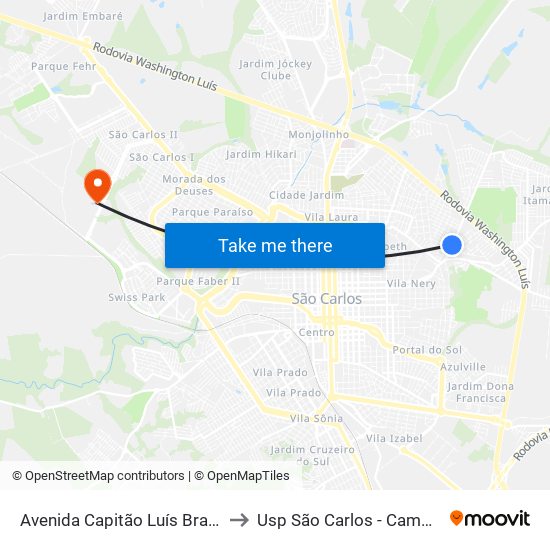 Avenida Capitão Luís Brandão to Usp São Carlos - Campus II map