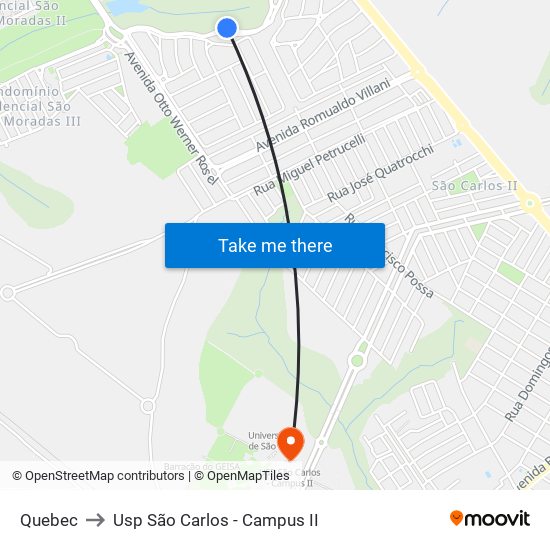 Quebec to Usp São Carlos - Campus II map