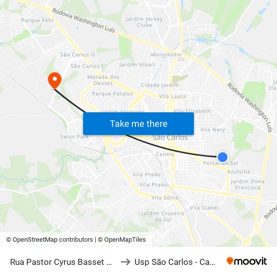 Rua Pastor Cyrus Basset Dawsey to Usp São Carlos - Campus II map