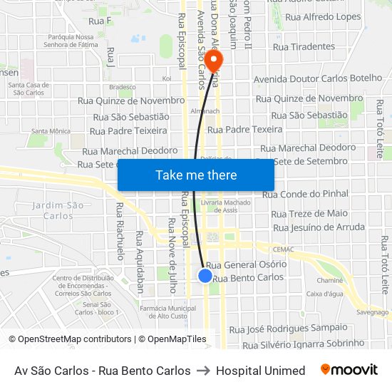 Av São Carlos - Rua Bento Carlos to Hospital Unimed map