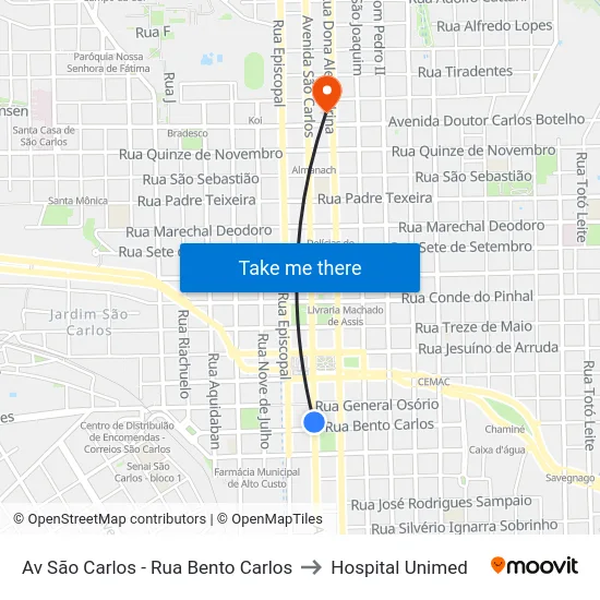 Av São Carlos - Rua Bento Carlos to Hospital Unimed map