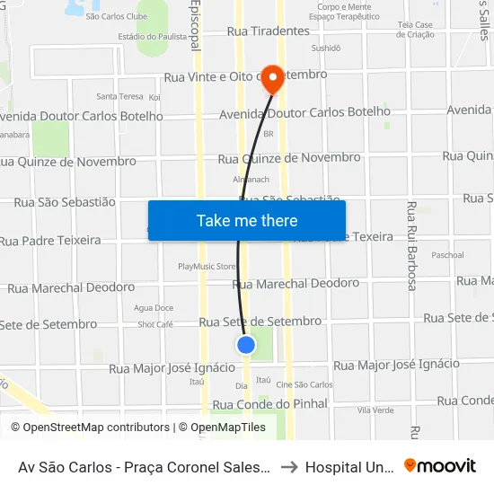 Av São Carlos - Praça Coronel Sales (Pombos) to Hospital Unimed map