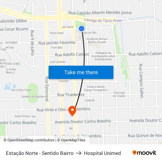 Estação Norte - Sentido Bairro to Hospital Unimed map