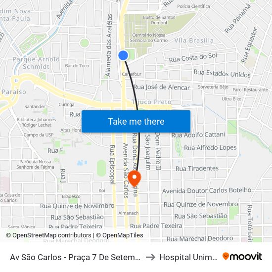Av São Carlos - Praça 7 De Setembro to Hospital Unimed map