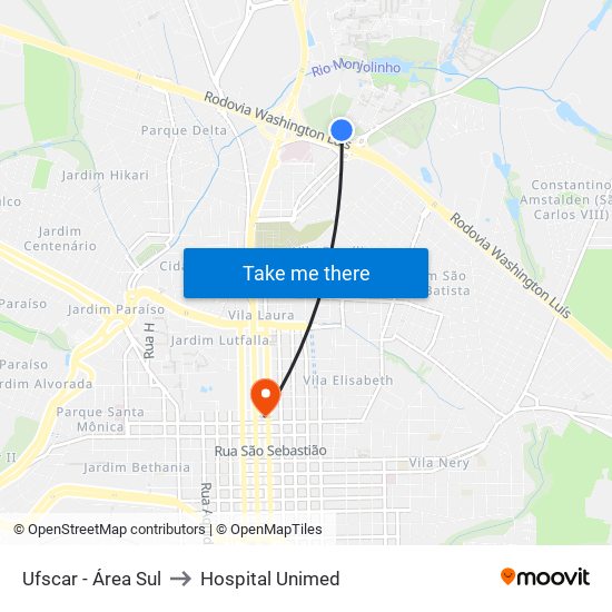 Ufscar - Área Sul to Hospital Unimed map