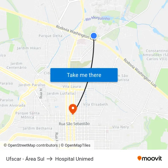 Ufscar - Área Sul to Hospital Unimed map