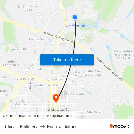 Ufscar - Biblioteca to Hospital Unimed map