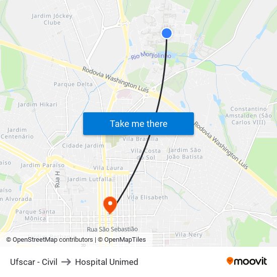 Ufscar - Civil to Hospital Unimed map