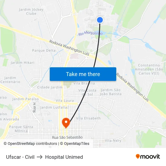 Ufscar - Civil to Hospital Unimed map