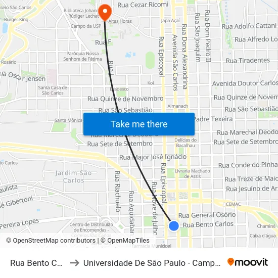 Rua Bento Carlos to Universidade De São Paulo - Campus / Área I map