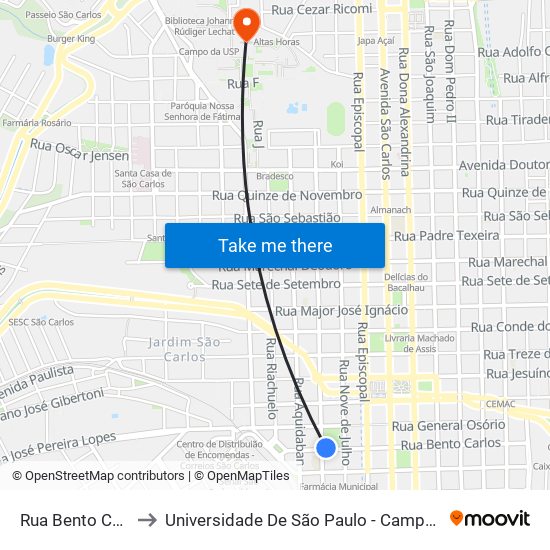 Rua Bento Carlos to Universidade De São Paulo - Campus / Área I map