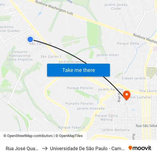 Rua José Quatrochi to Universidade De São Paulo - Campus / Área I map