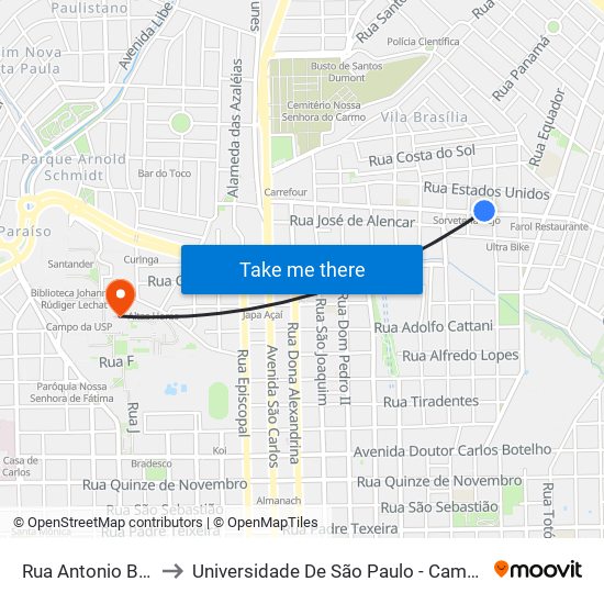 Rua Antonio Blanco to Universidade De São Paulo - Campus / Área I map