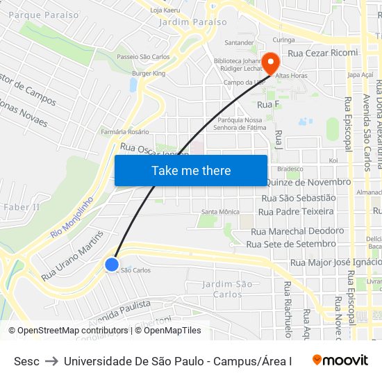 Sesc to Universidade De São Paulo - Campus / Área I map