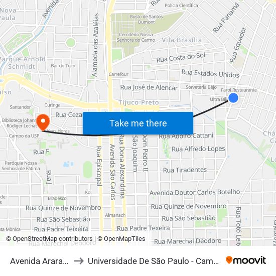 Avenida Araraquara to Universidade De São Paulo - Campus / Área I map