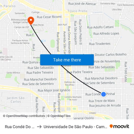 Rua Condé Do Pinhal to Universidade De São Paulo - Campus / Área I map