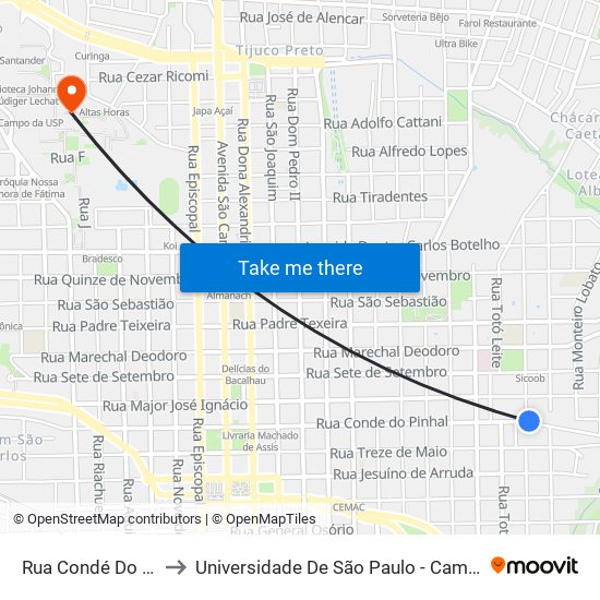 Rua Condé Do Pinhal to Universidade De São Paulo - Campus / Área I map