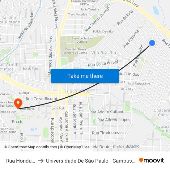 Rua Honduras to Universidade De São Paulo - Campus / Área I map