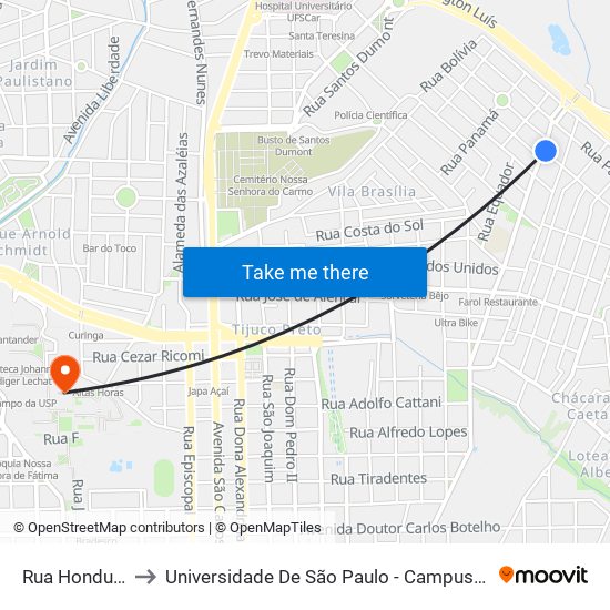 Rua Honduras to Universidade De São Paulo - Campus / Área I map