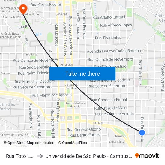 Rua Totó Leite to Universidade De São Paulo - Campus / Área I map