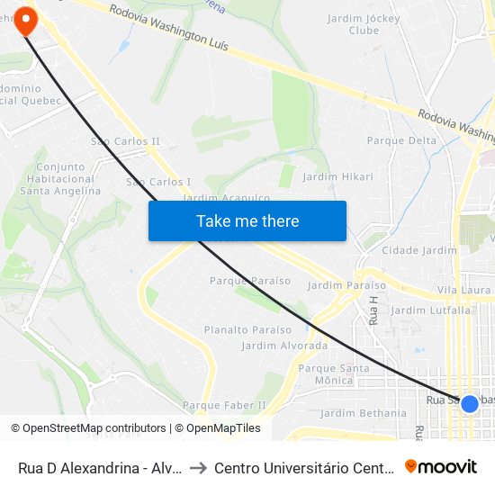 Rua D Alexandrina - Alvaro Guião to Centro Universitário Central Paulista map