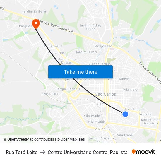 Rua Totó Leite to Centro Universitário Central Paulista map