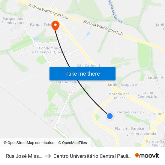 Rua José Missali to Centro Universitário Central Paulista map