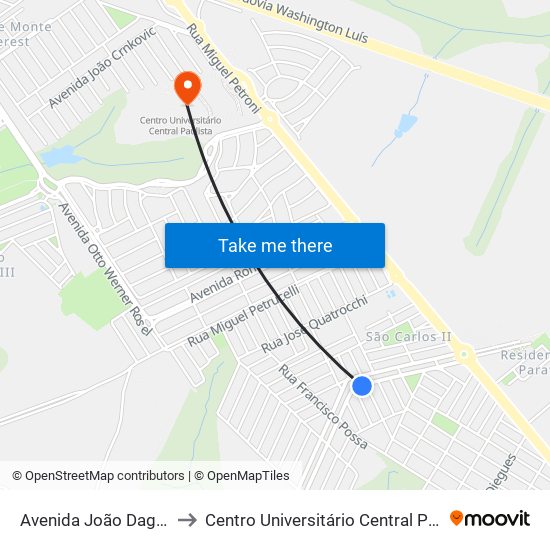 Avenida João Dagnone to Centro Universitário Central Paulista map