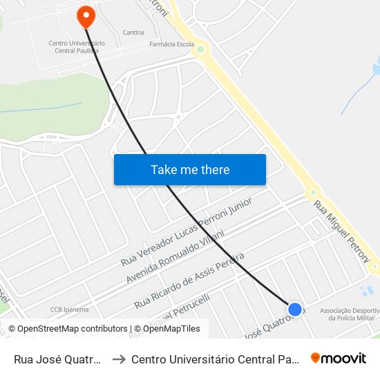 Rua José Quatrochi to Centro Universitário Central Paulista map