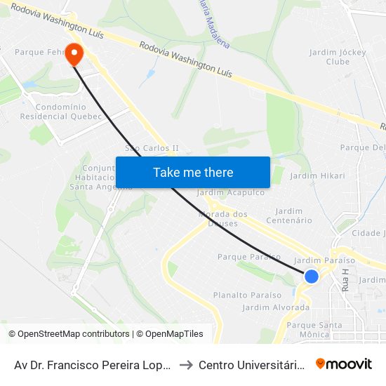 Av Dr. Francisco Pereira Lopes - Passeio São Carlos to Centro Universitário Central Paulista map