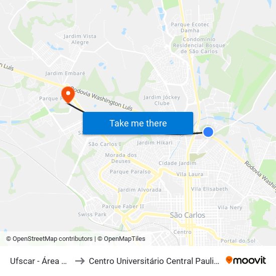 Ufscar - Área Sul to Centro Universitário Central Paulista map