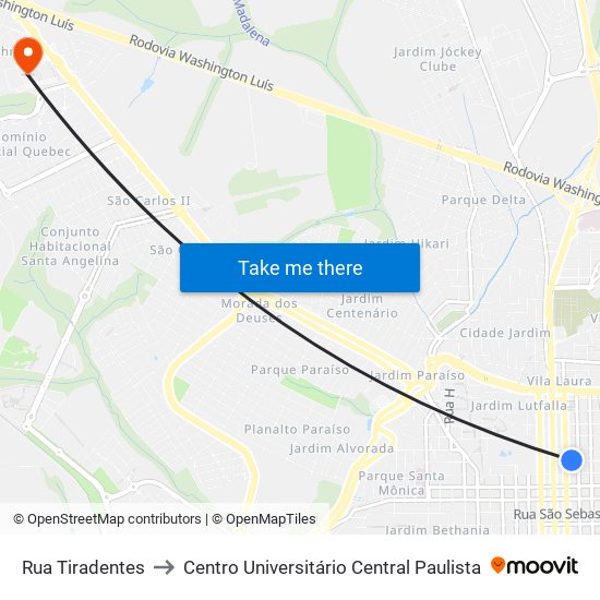 Rua Tiradentes to Centro Universitário Central Paulista map