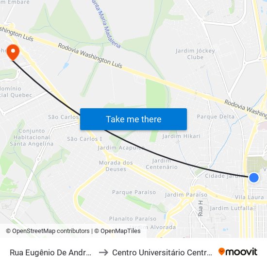 Rua Eugênio De Andrade Egas to Centro Universitário Central Paulista map